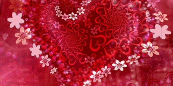 stylized pink and red flowers in a heart shape on a red background
