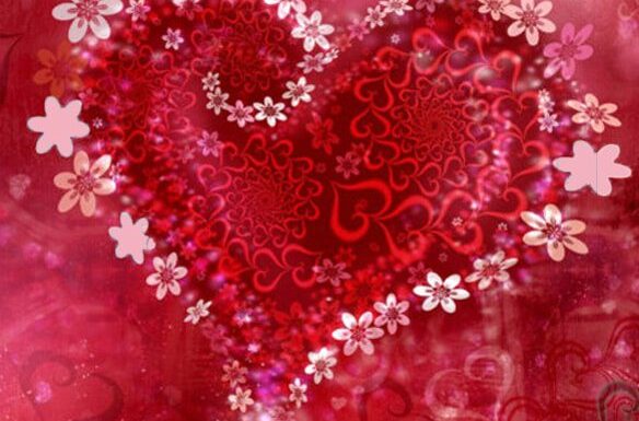 stylized pink and red flowers in a heart shape on a red background